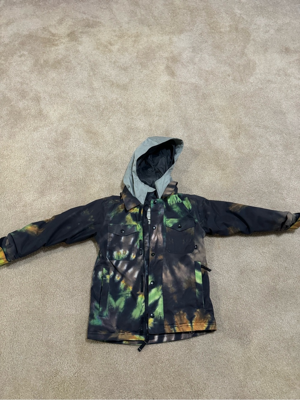 Kids Tie-Dye Hooded Winter Coat - Black & Green
